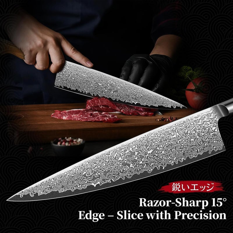 Tivoli Japanese Gyuto Knife 10 Inch– VG-10 Damascus Chef Knife with Razor Sharp Blade and Ergonomic Olive Wood Handle, Ideal for Meat, Vegetables & Daily Cooking - Image 5
